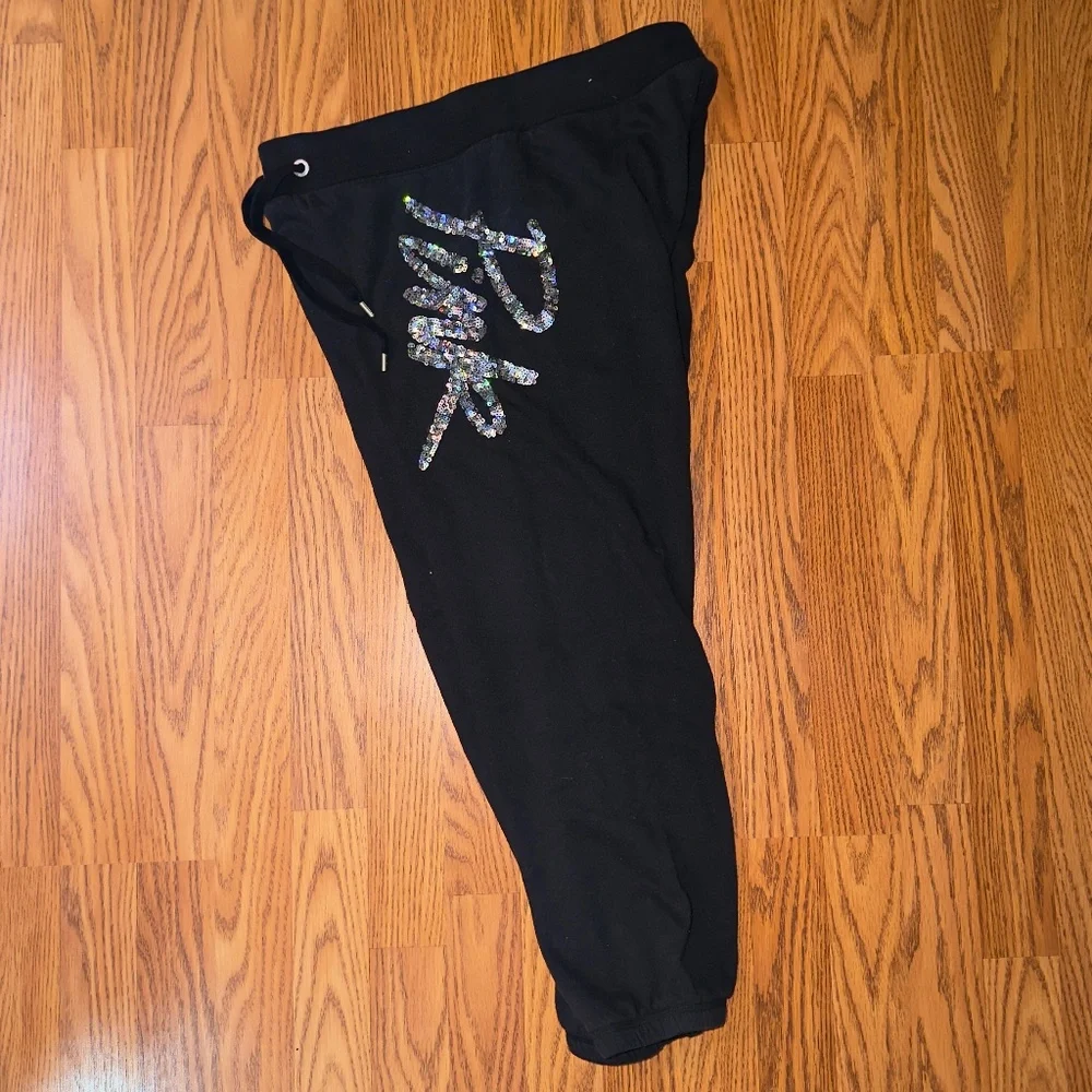 PINK Victoria’s Secret Medium Black Joggers Sequin Logo Sweatpants Athleisure - Picture 5 of 10